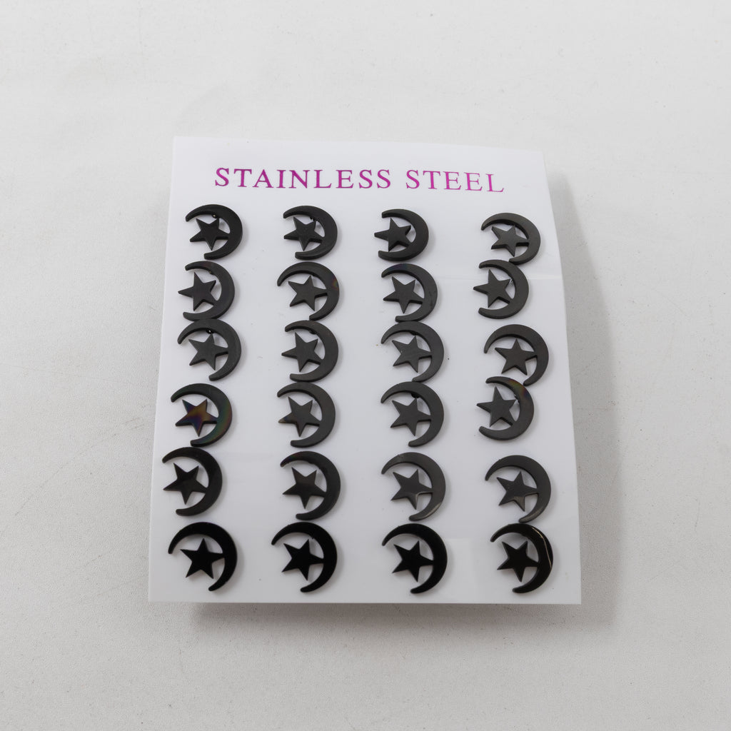 Paquete de 12 Pares de Aretes color Negro M1 Acero Inoxidable