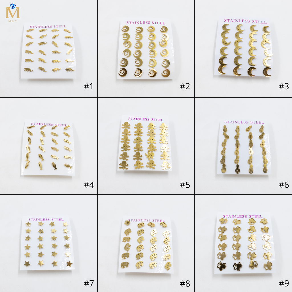 Paquete de 12 Pares de Aretes Dorados M3 Acero Inoxidable
