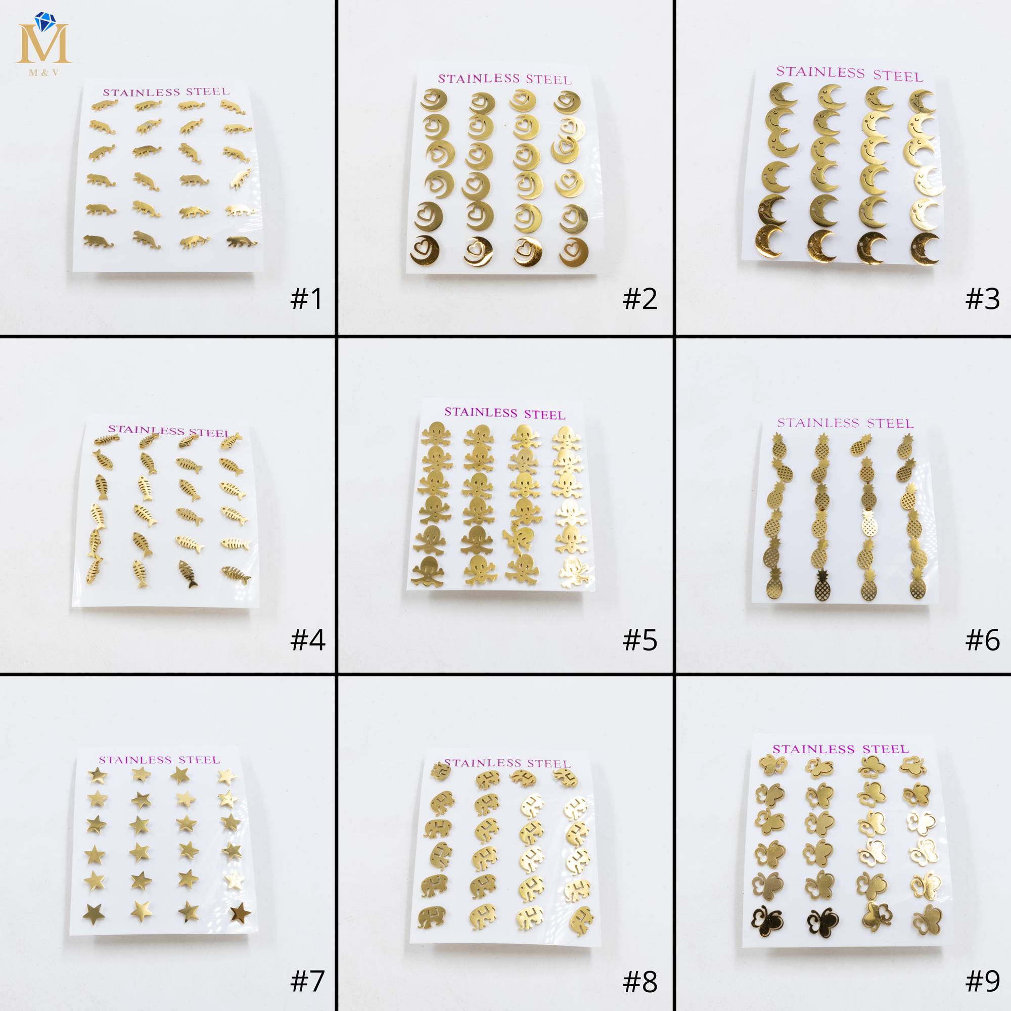 Paquete de 12 Pares de Aretes Dorados M3 Acero Inoxidable