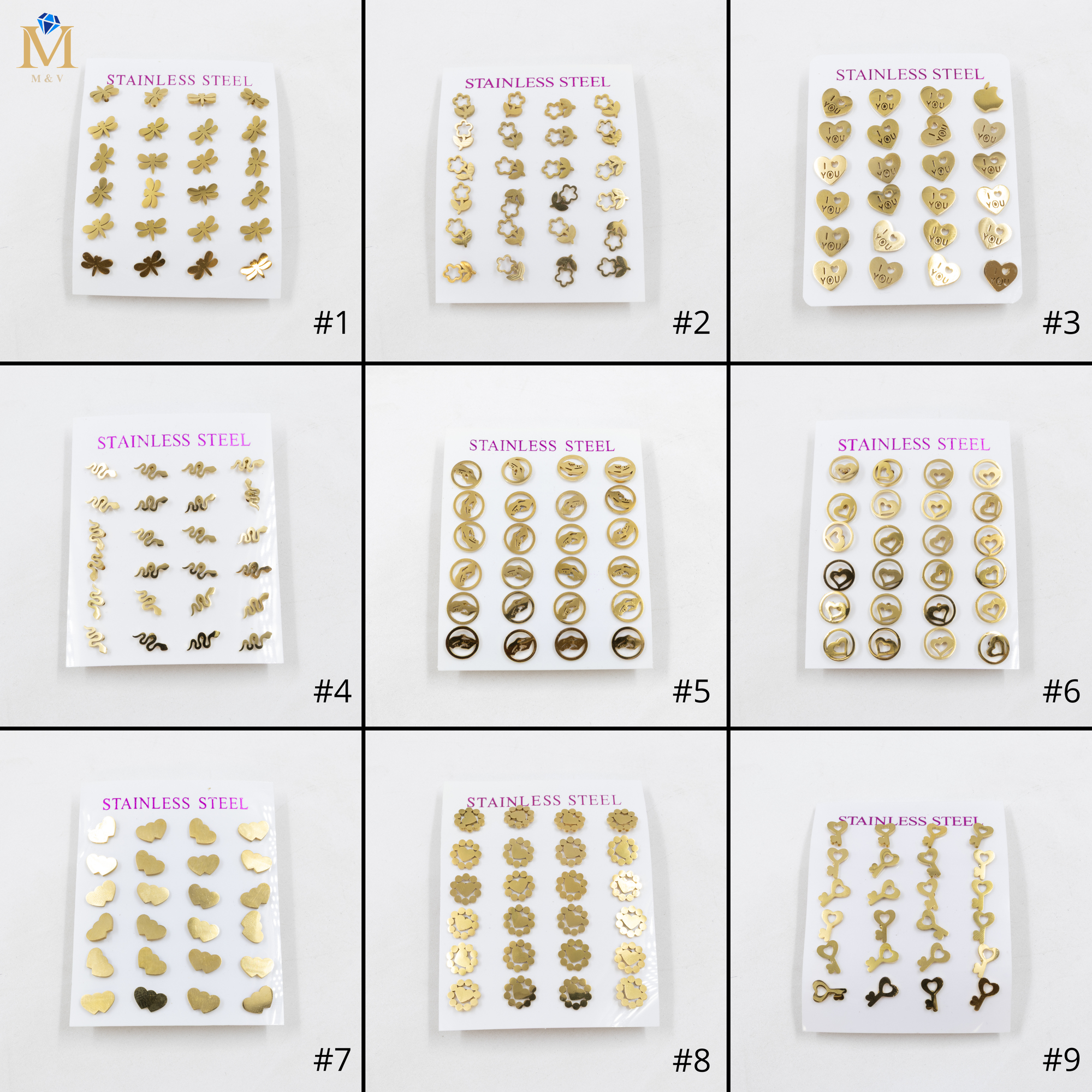 Paquete de 12 Pares de Aretes Dorados M5 Acero Inoxidable