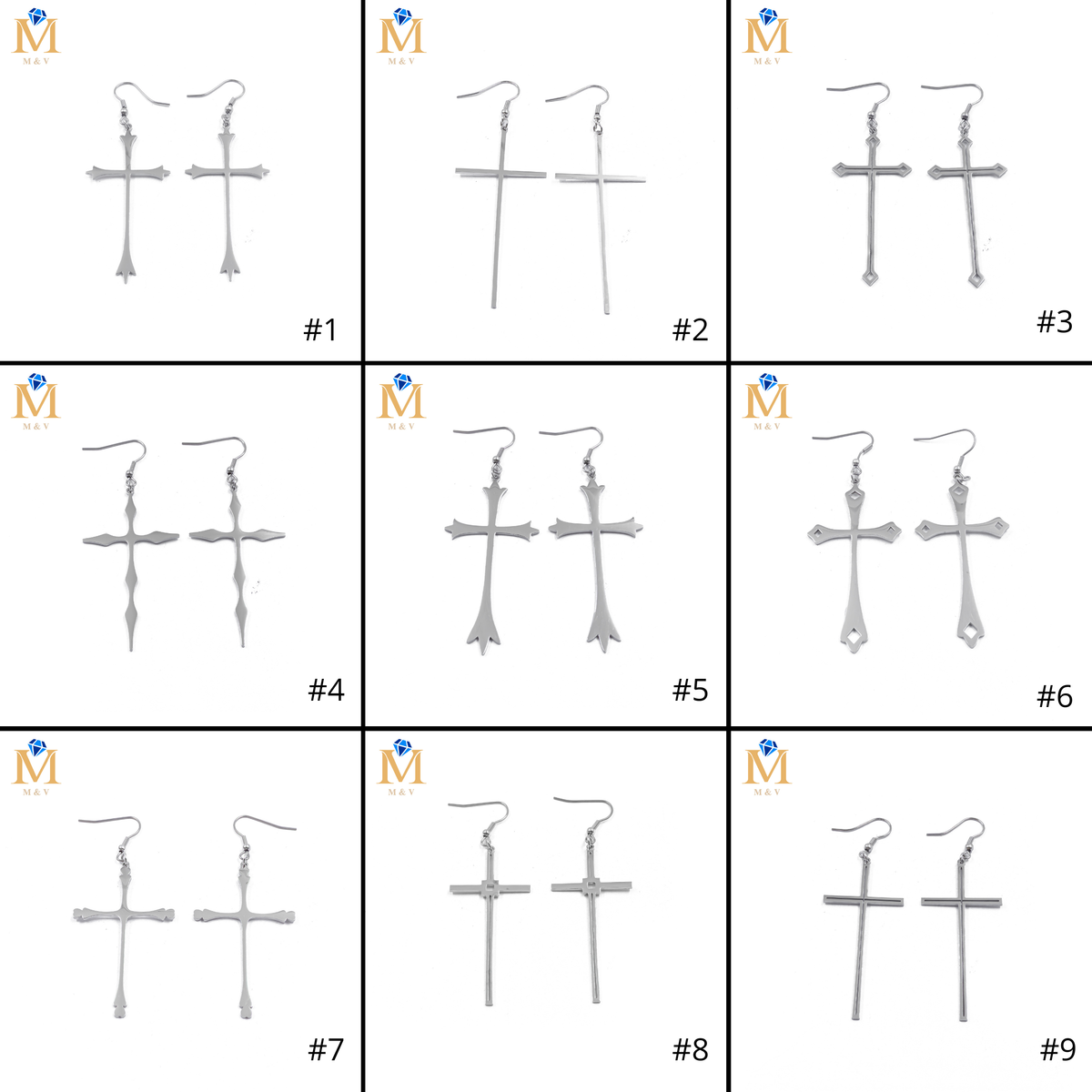 Aretes Plateados de cruz M3 Acero Inoxidable