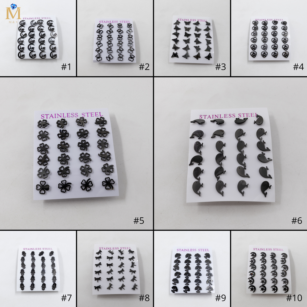 Paquete de 12 Pares de Aretes color Negro M1 Acero Inoxidable