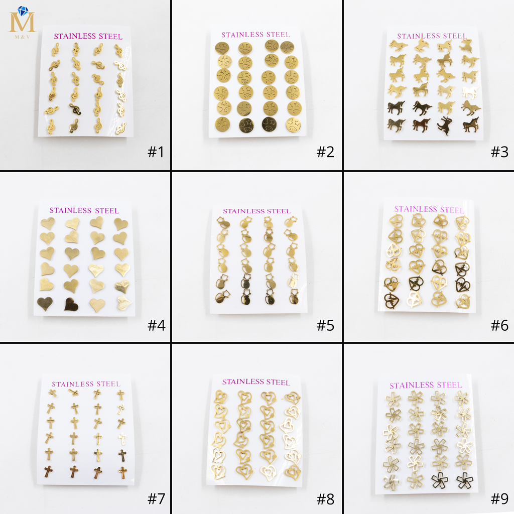 Paquete de 12 Pares de Aretes Dorados M8 Acero Inoxidable