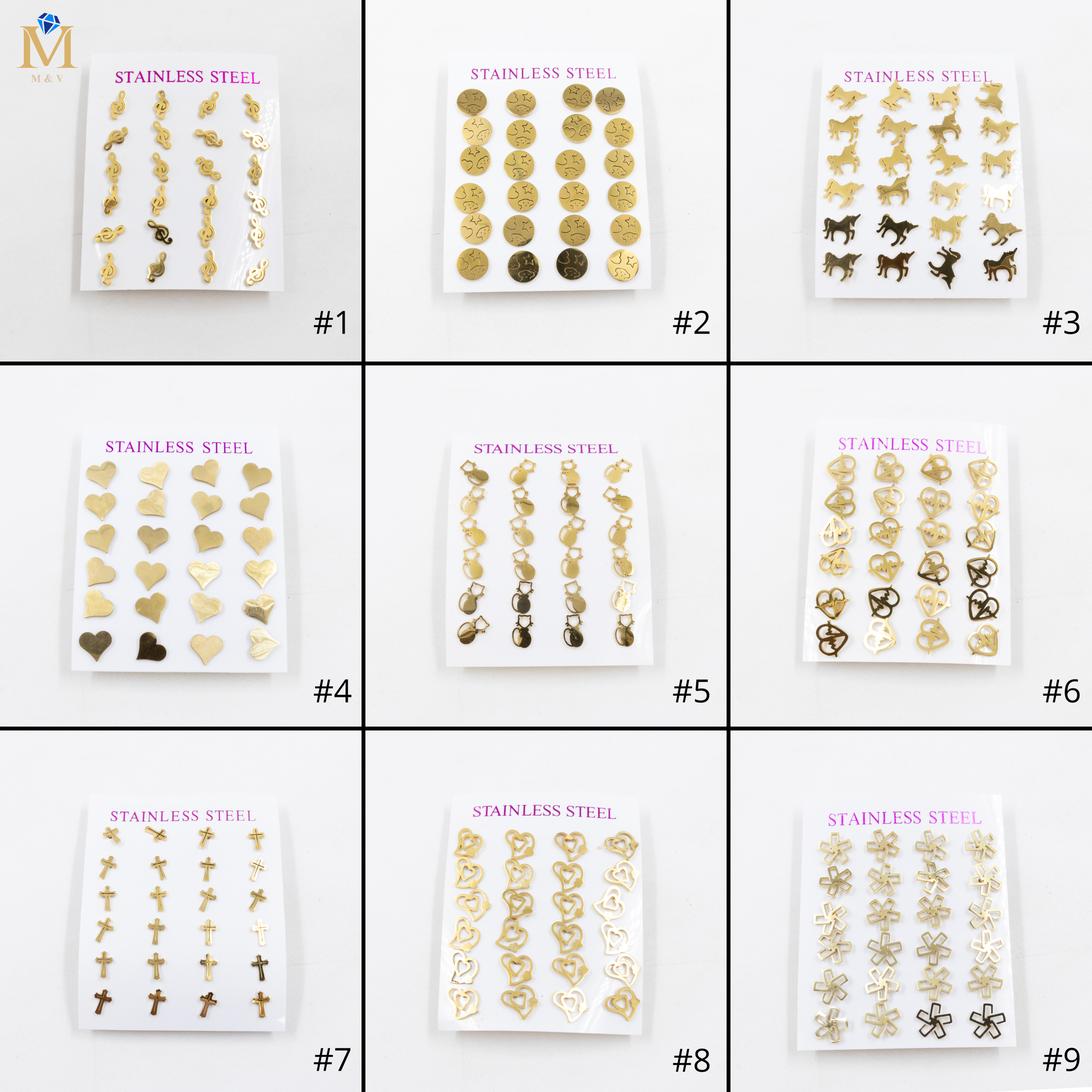 Paquete de 12 Pares de Aretes Dorados M8 Acero Inoxidable