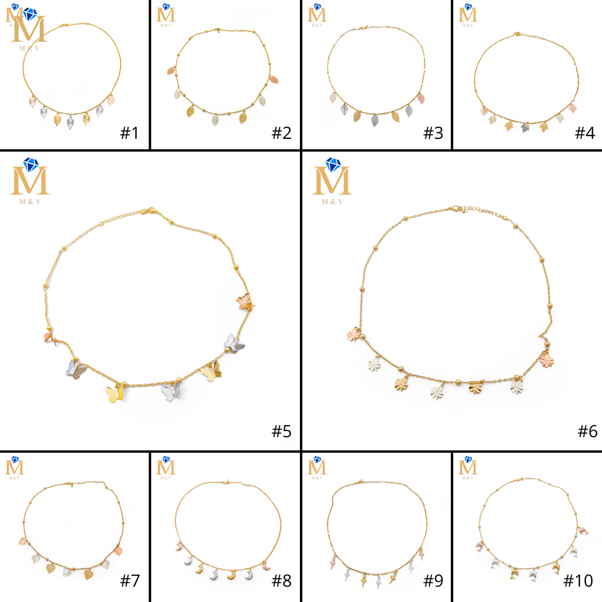Collares Dorados con dijes de tres colores M1 Oro Laminado