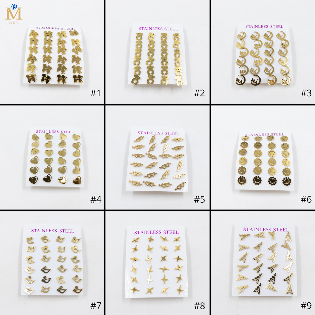 Paquete de 12 Pares de Aretes Dorados M4 Acero Inoxidable