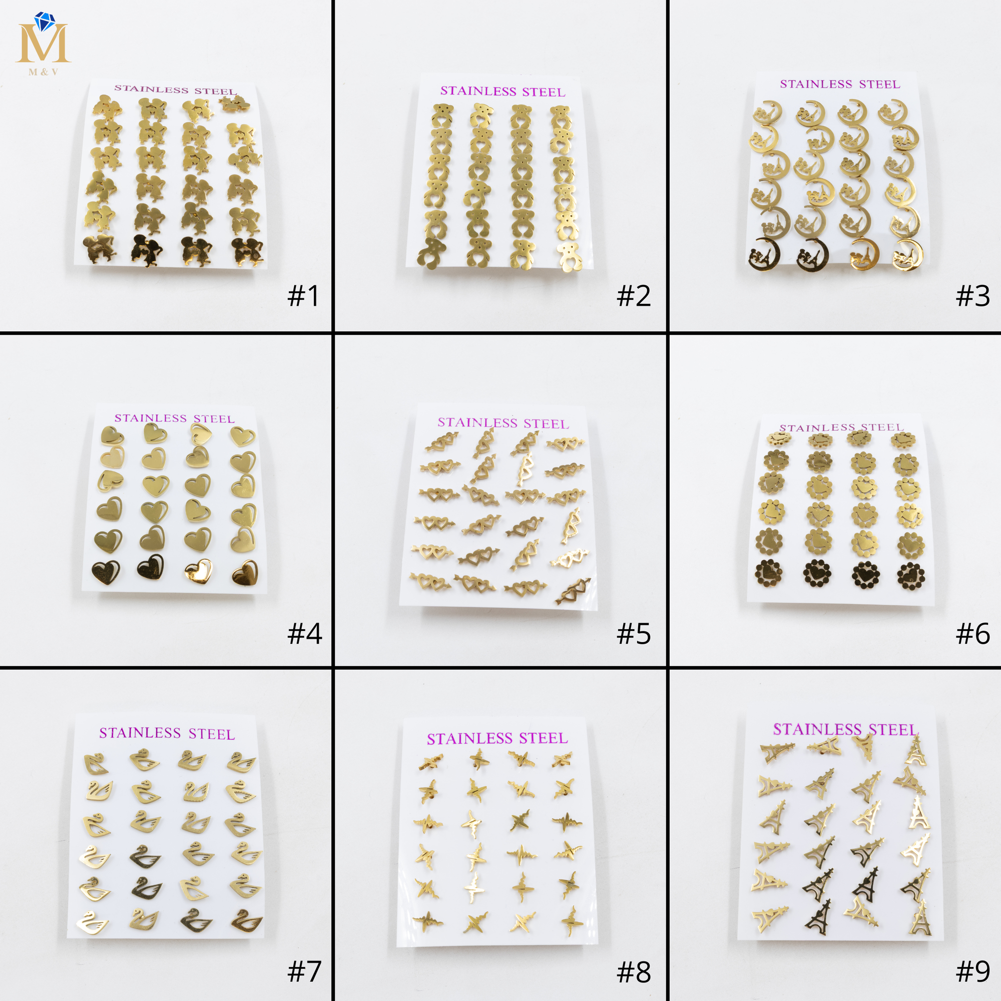 Paquete de 12 Pares de Aretes Dorados M4 Acero Inoxidable