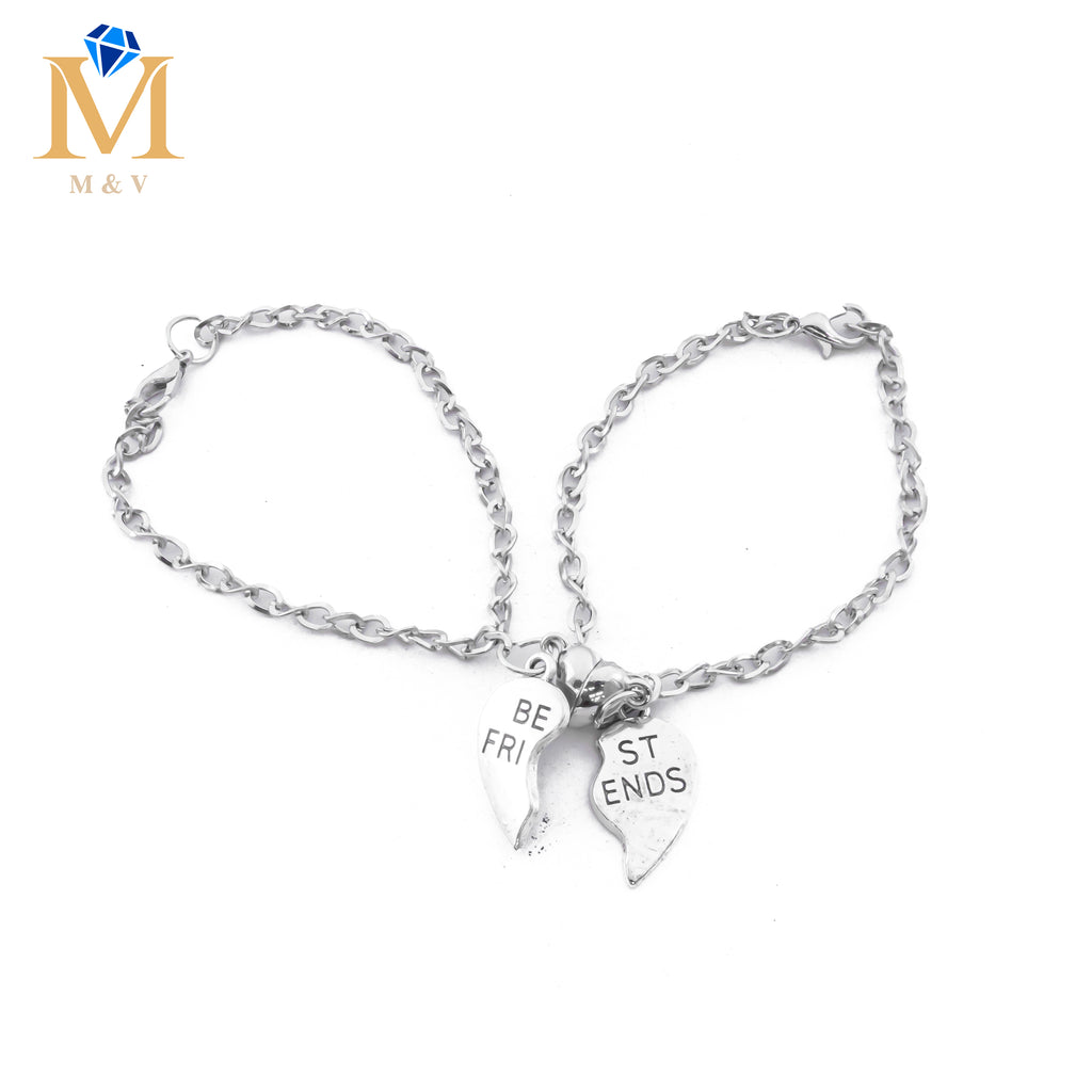 Pulseras Plateadas en duo de dije de Corazón con Iman M1 Acero Inoxidable