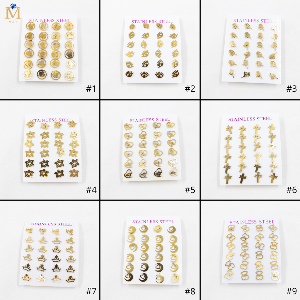 Paquete de 12 Pares de Aretes Dorados M7 Acero Inoxidable