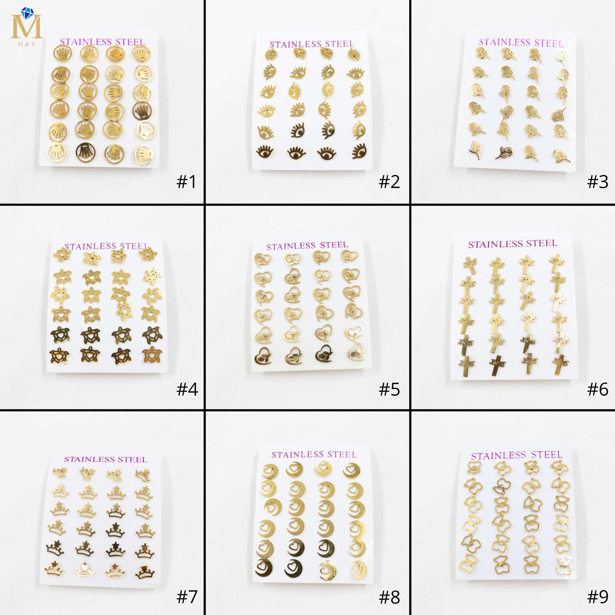 Paquete de 12 Pares de Aretes Dorados M7 Acero Inoxidable