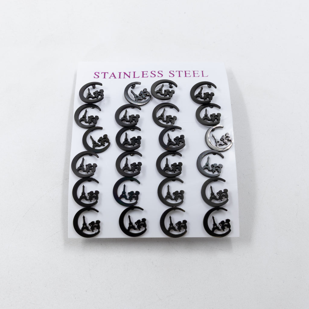 Paquete de 12 Pares de Aretes color Negro M1 Acero Inoxidable