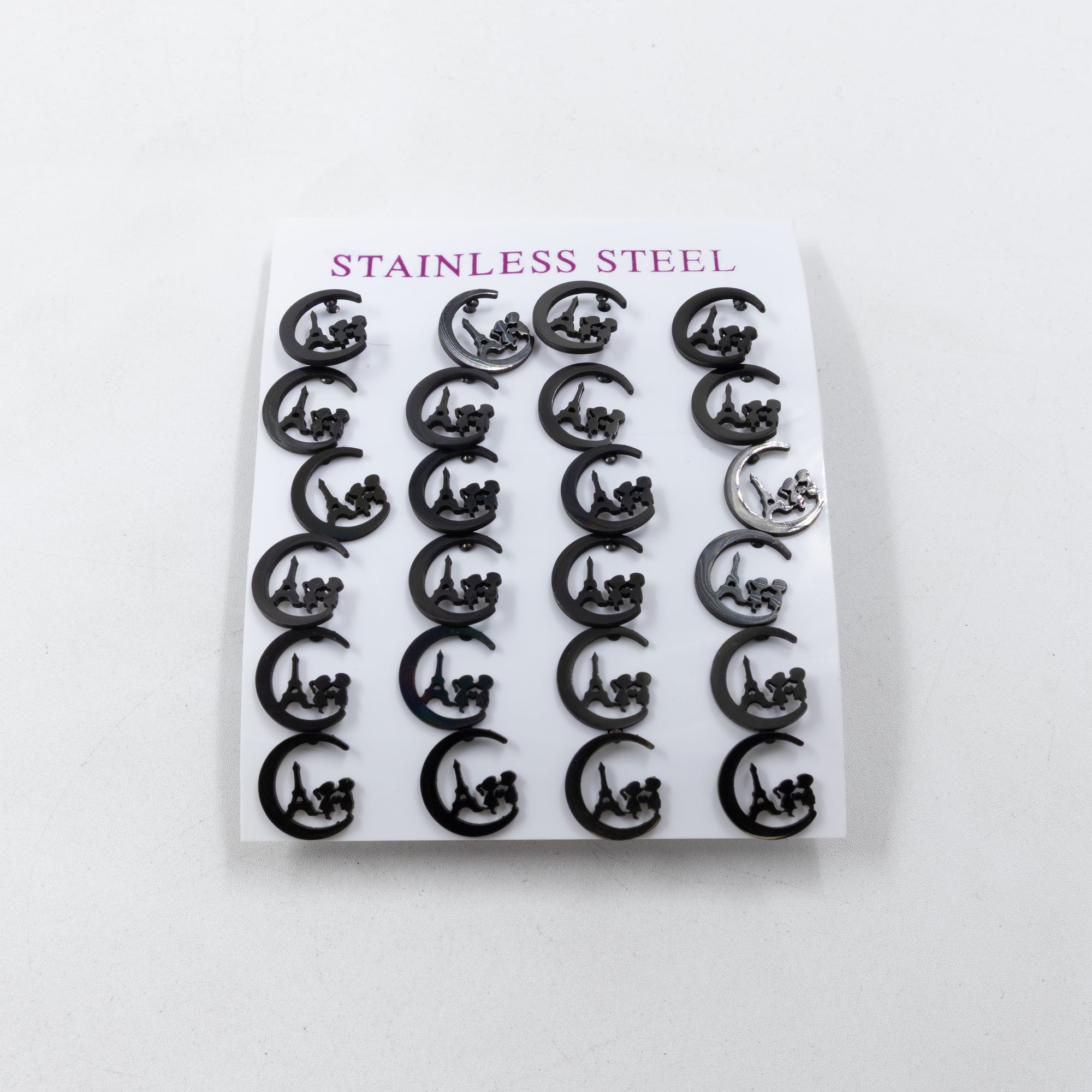 Paquete de 12 Pares de Aretes color Negro M1 Acero Inoxidable