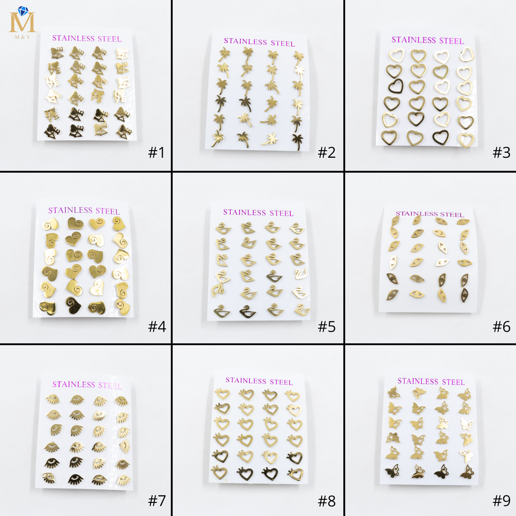 Paquete de 12 Pares de Aretes Dorados M9 Acero Inoxidable