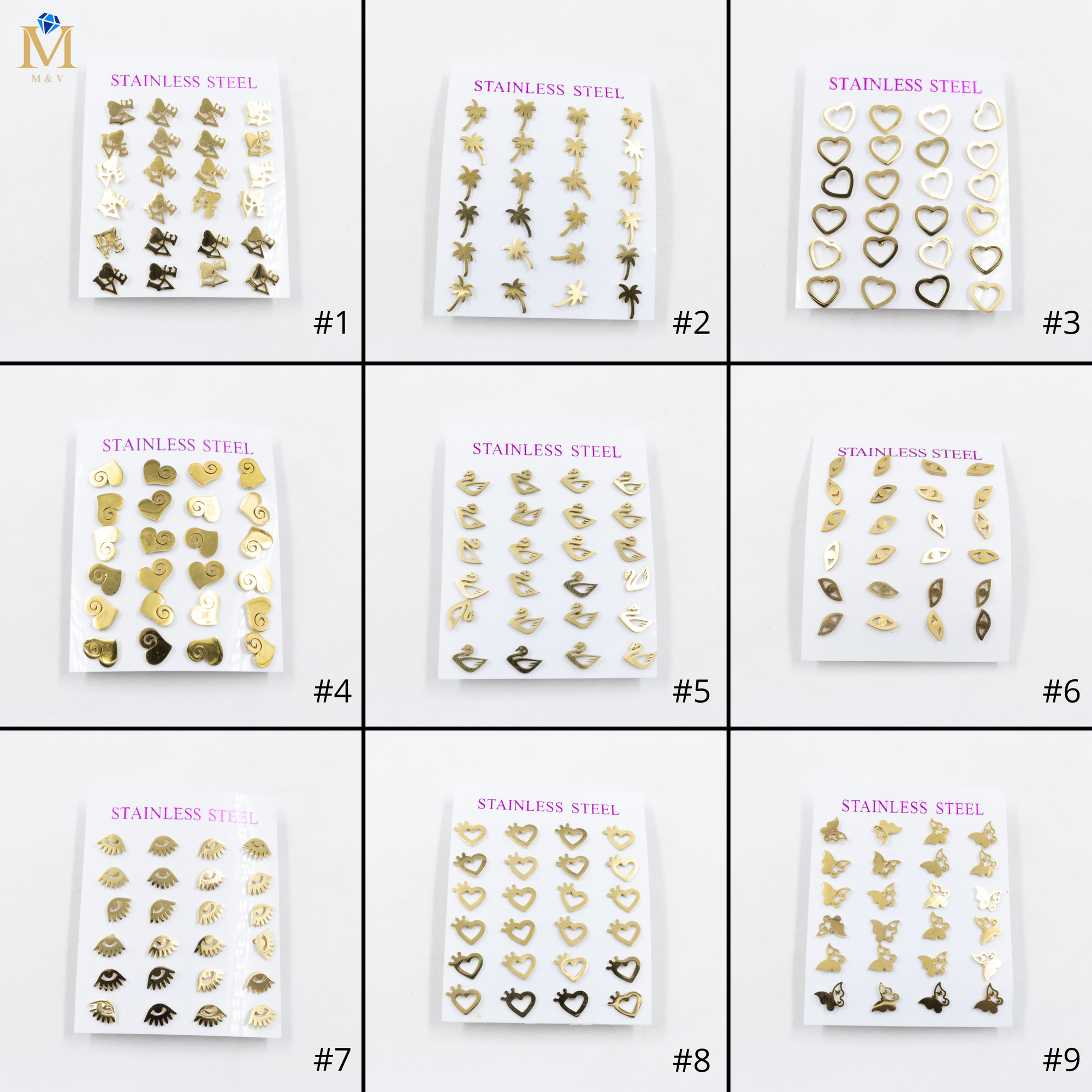 Paquete de 12 Pares de Aretes Dorados M9 Acero Inoxidable