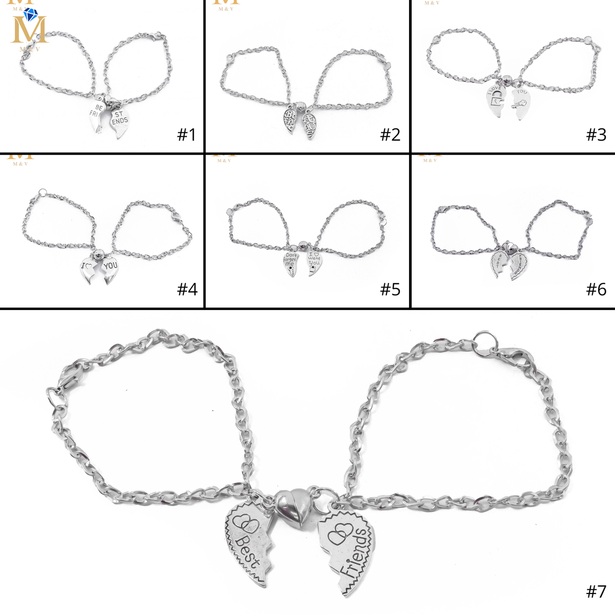 Pulseras Plateadas en duo de dije de Corazón con Iman M1 Acero Inoxidable