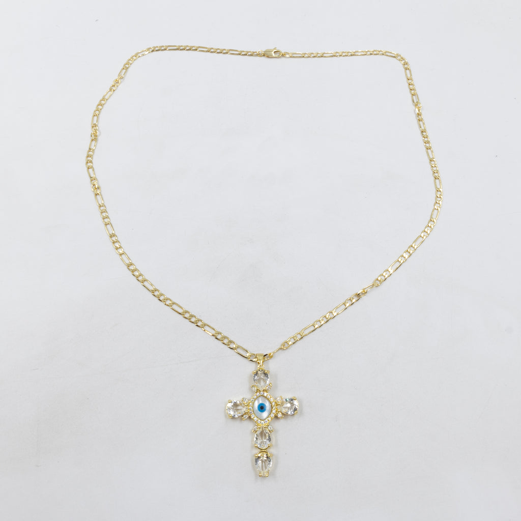 Collar de cruz y Ojo Turco Dorado M1 Oro Laminado
