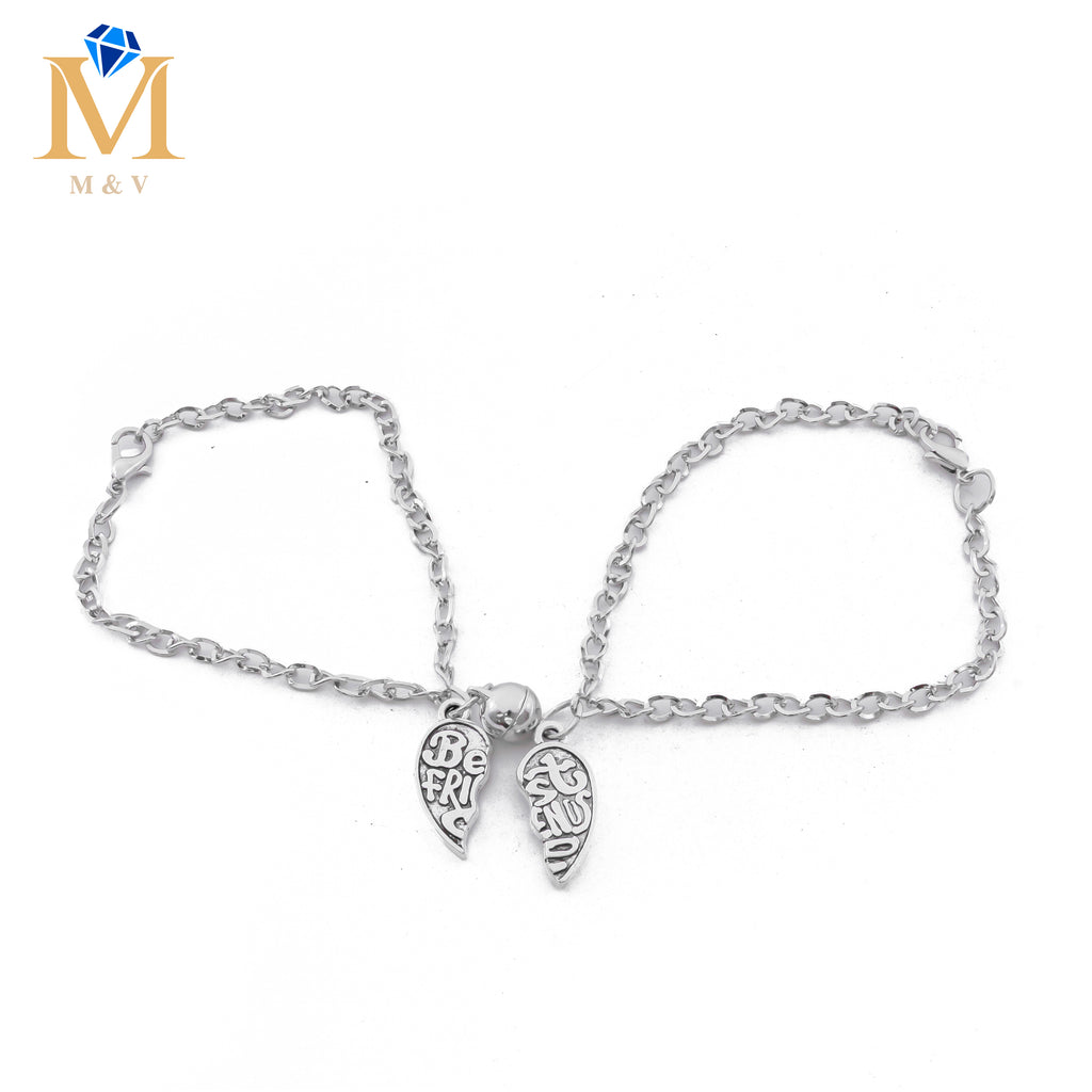 Pulseras Plateadas en duo de dije de Corazón con Iman M1 Acero Inoxidable