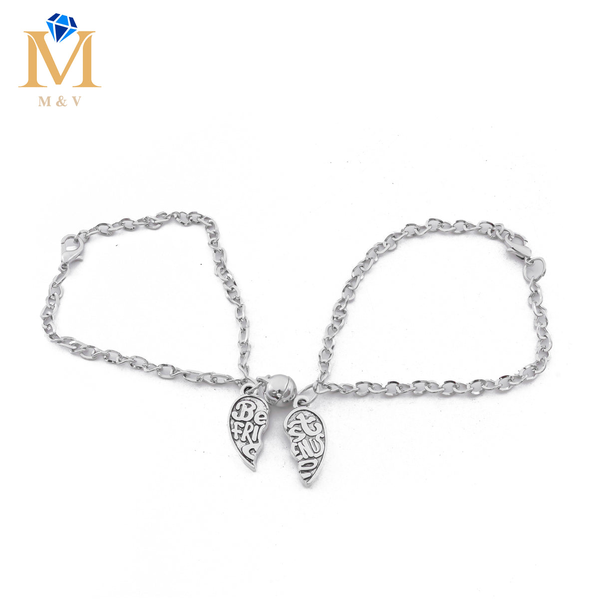 Pulseras Plateadas en duo de dije de Corazón con Iman M1 Acero Inoxidable