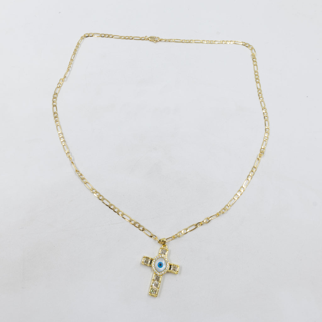 Collar de cruz y Ojo Turco Dorado M1 Oro Laminado
