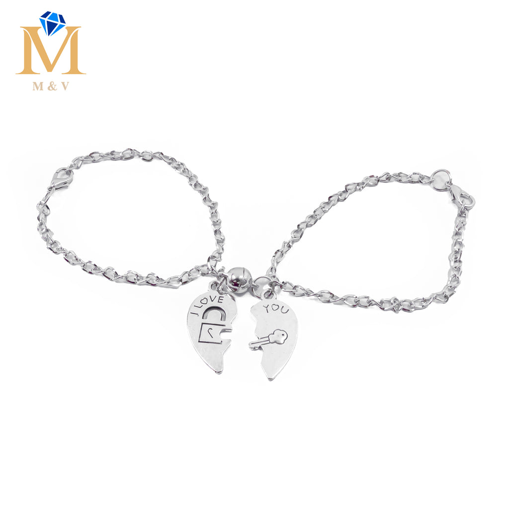 Pulseras Plateadas en duo de dije de Corazón con Iman M1 Acero Inoxidable