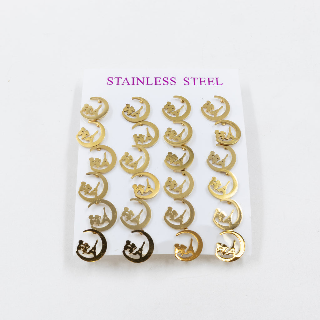 Paquete de 12 Pares de Aretes Dorados M4 Acero Inoxidable
