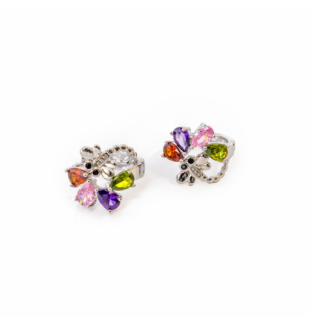 Aretes Plateados Huggies con Piedras Multicolor M7 Oro Laminado