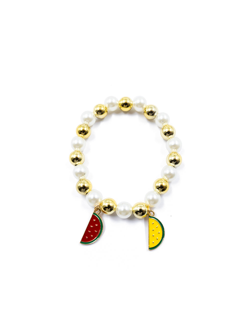 PULSERA DE PERLAS CON DIJE DE FRUTAS - M4 ORO LAMINADO