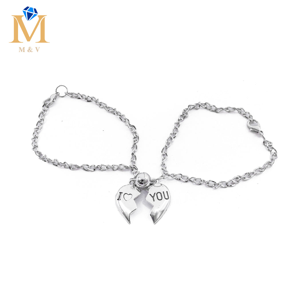 Pulseras Plateadas en duo de dije de Corazón con Iman M1 Acero Inoxidable