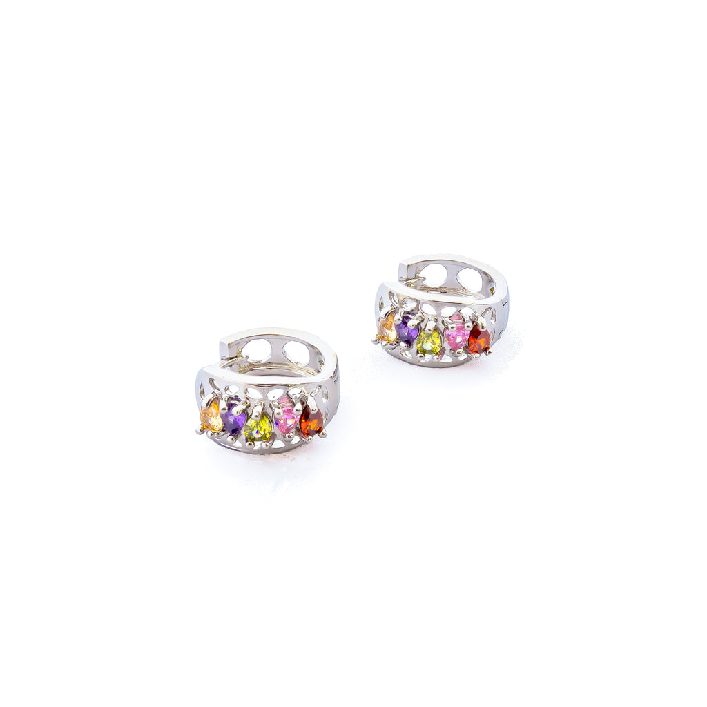 Aretes Plateados Huggies con Piedras Multicolor M8 Oro Laminado