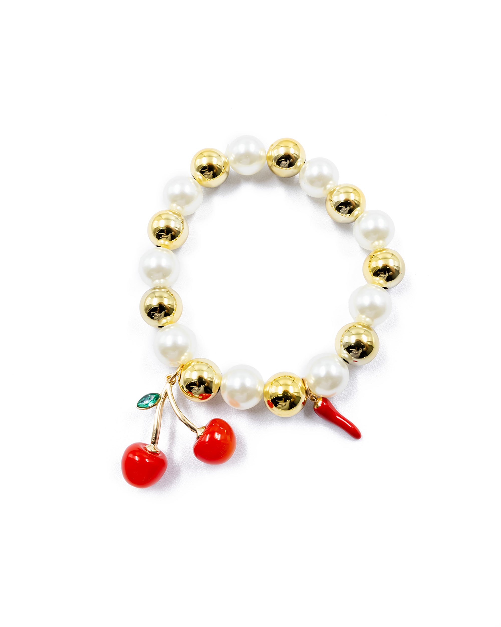 PULSERA DE PERLAS CON DIJE DE FRUTAS - M4 ORO LAMINADO