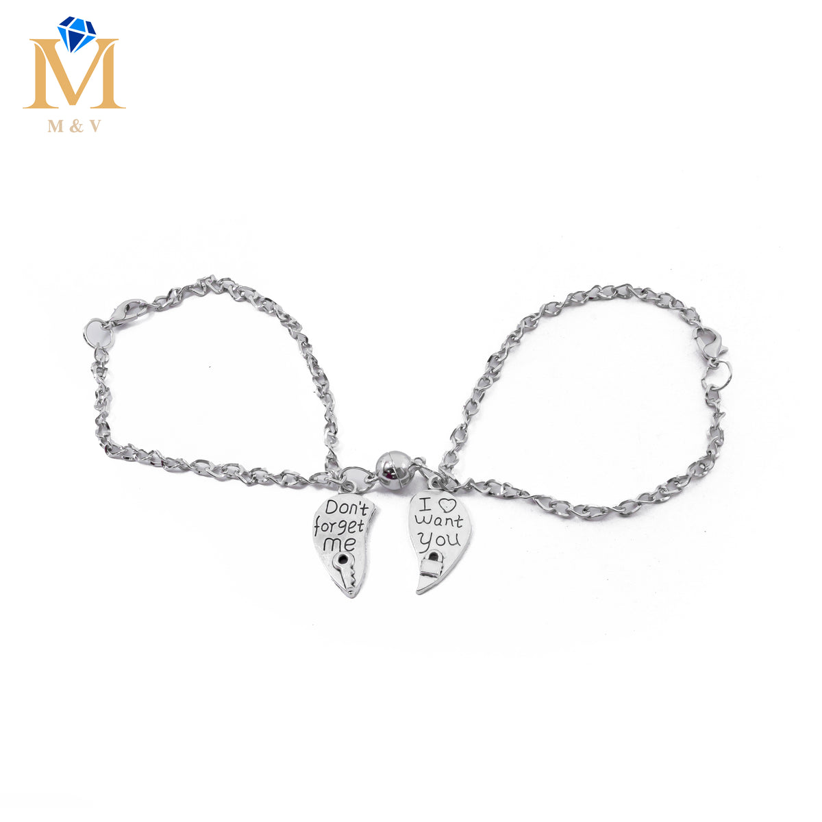 Pulseras Plateadas en duo de dije de Corazón con Iman M1 Acero Inoxidable