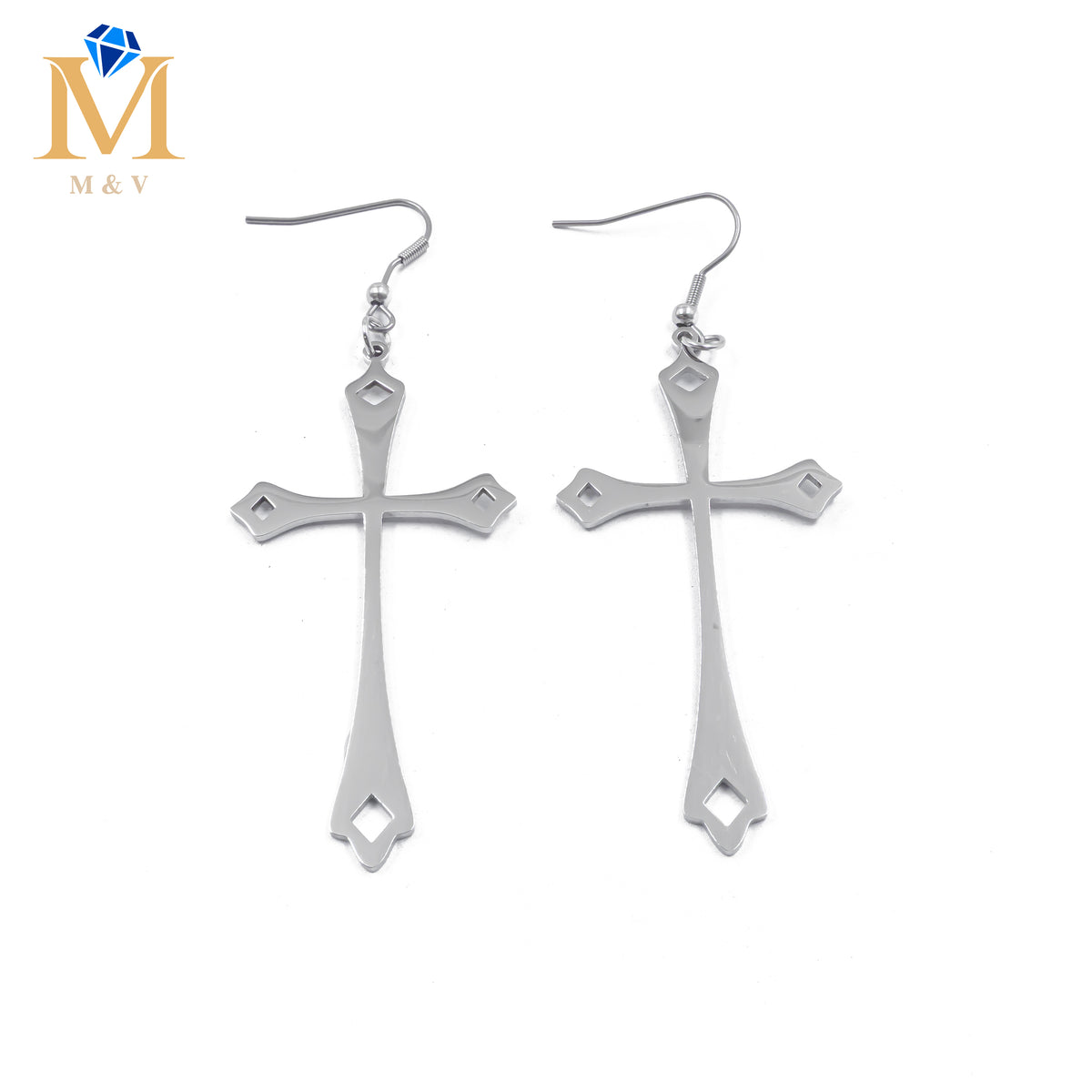 Aretes Plateados de cruz M3 Acero Inoxidable