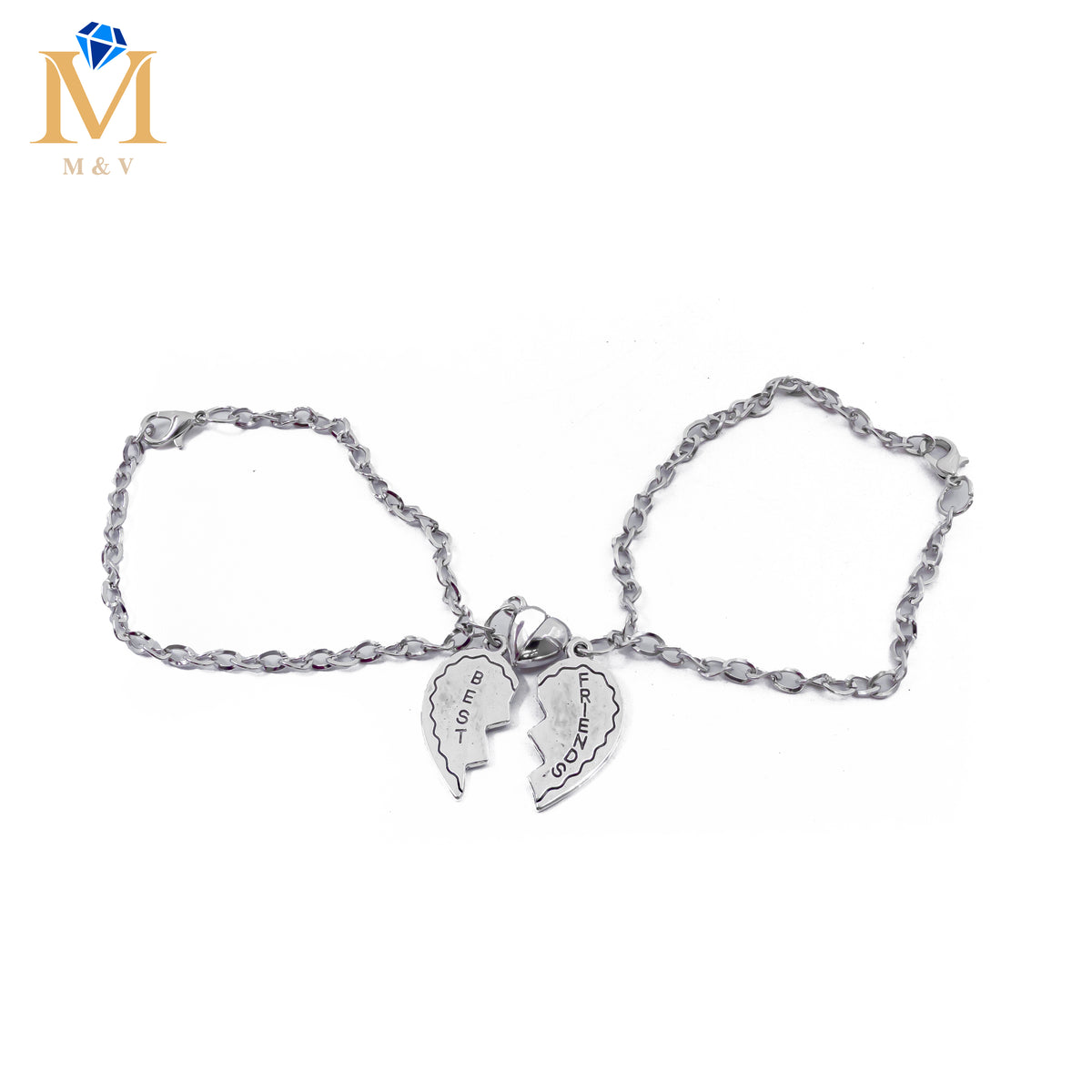 Pulseras Plateadas en duo de dije de Corazón con Iman M1 Acero Inoxidable
