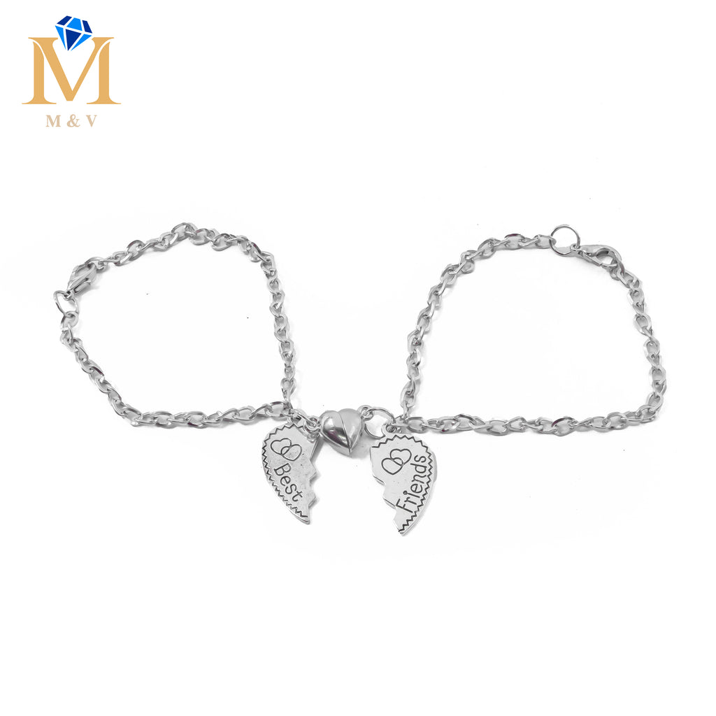 Pulseras Plateadas en duo de dije de Corazón con Iman M1 Acero Inoxidable