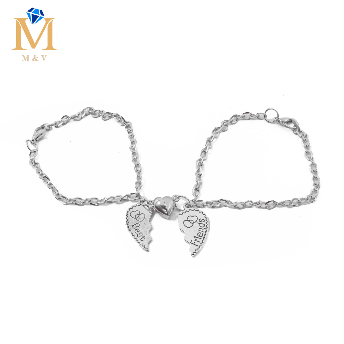 Pulseras Plateadas en duo de dije de Corazón con Iman M1 Acero Inoxidable