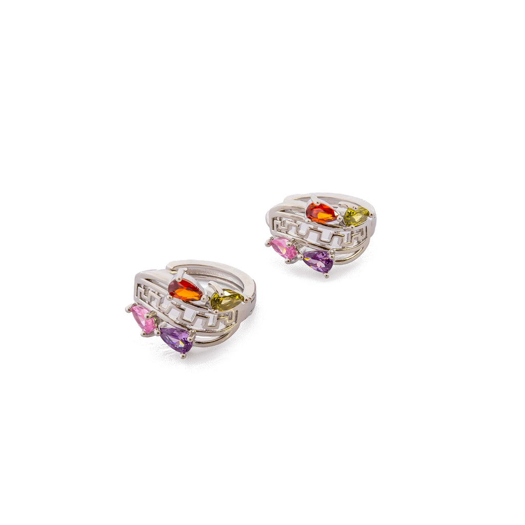 Aretes Plateados Huggies con Piedras Multicolor M8 Oro Laminado