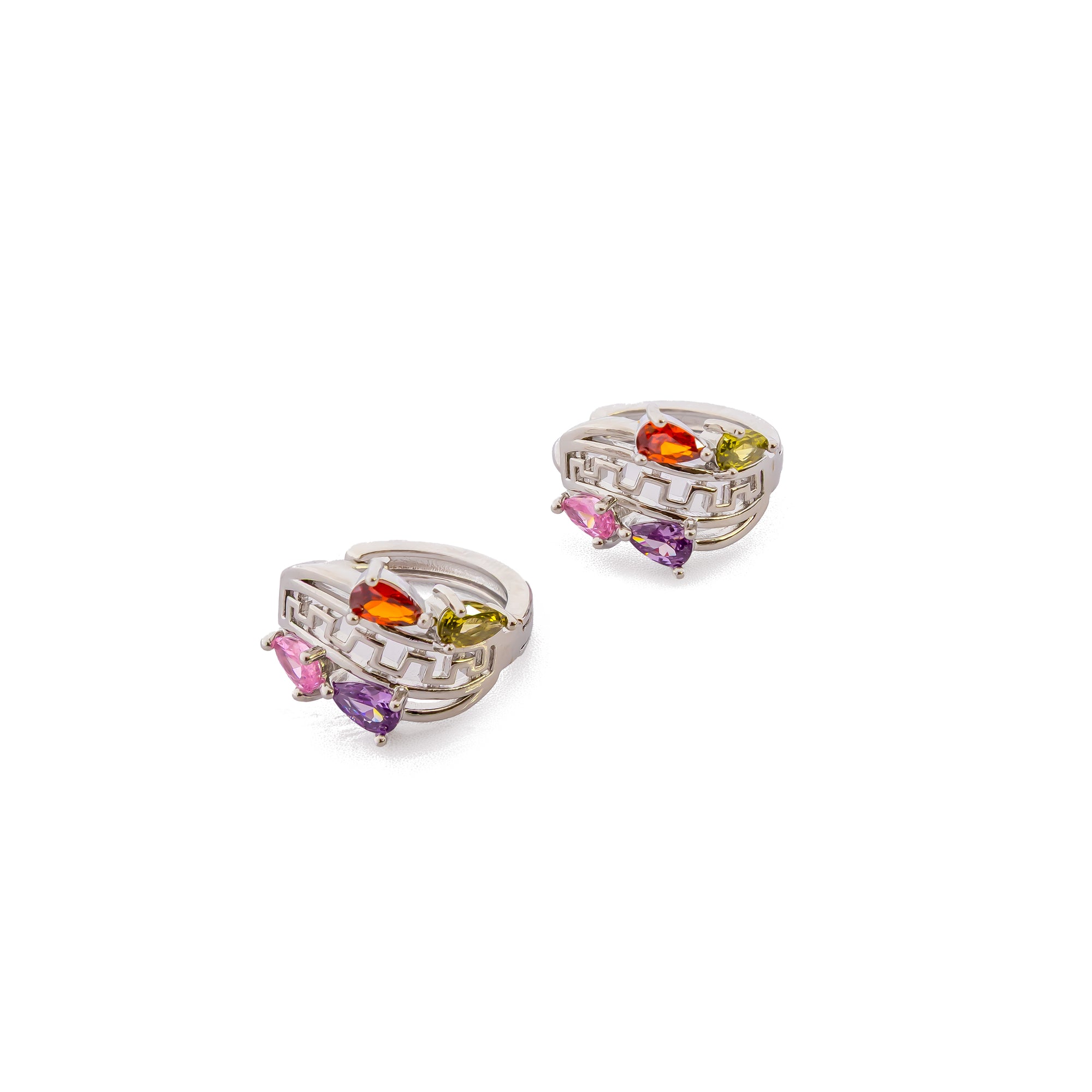 Aretes Plateados Huggies con Piedras Multicolor M8 Oro Laminado