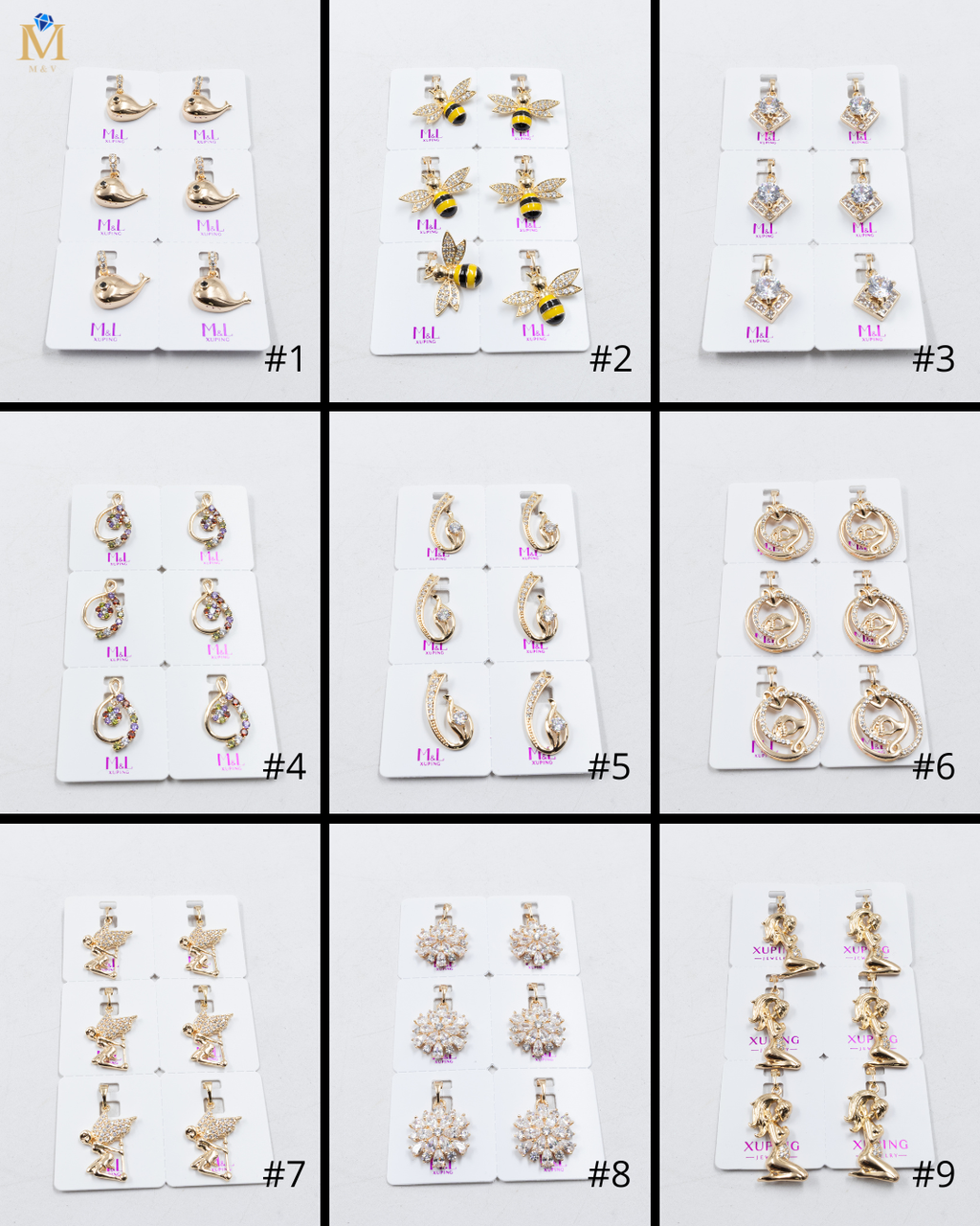 Paquete de 6 dijes con Piedras Oro Rosado  M2 Oro Laminado