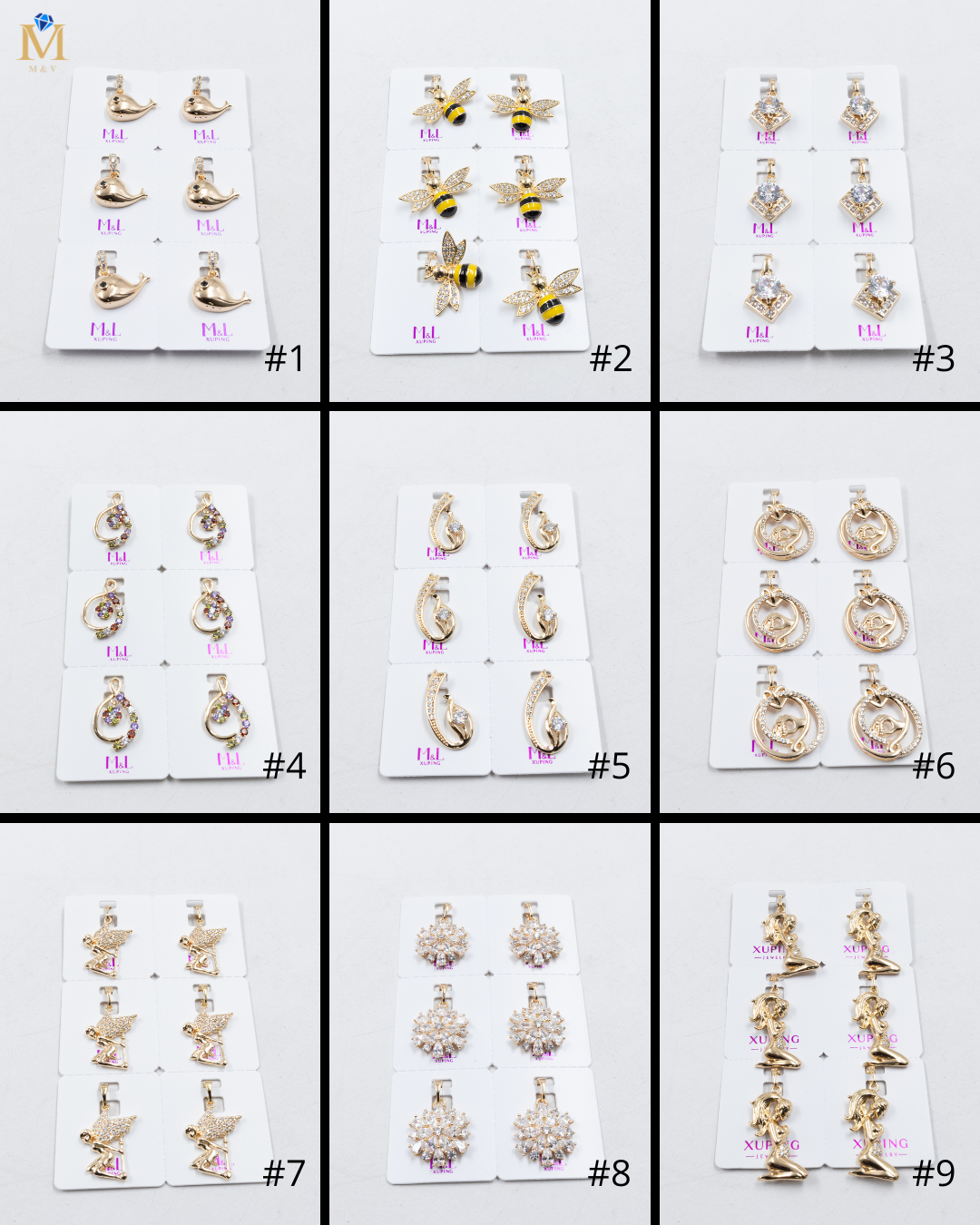 Paquete de 6 dijes con Piedras Oro Rosado  M2 Oro Laminado