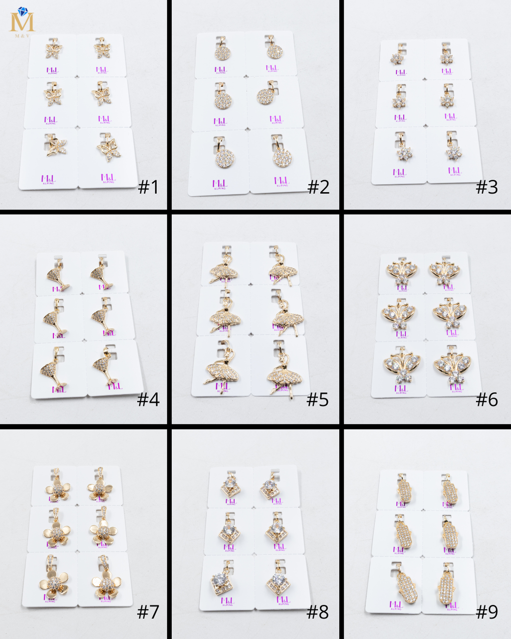 Paquete de 6 dijes con Piedras Oro Rosado  M4 Oro Laminado