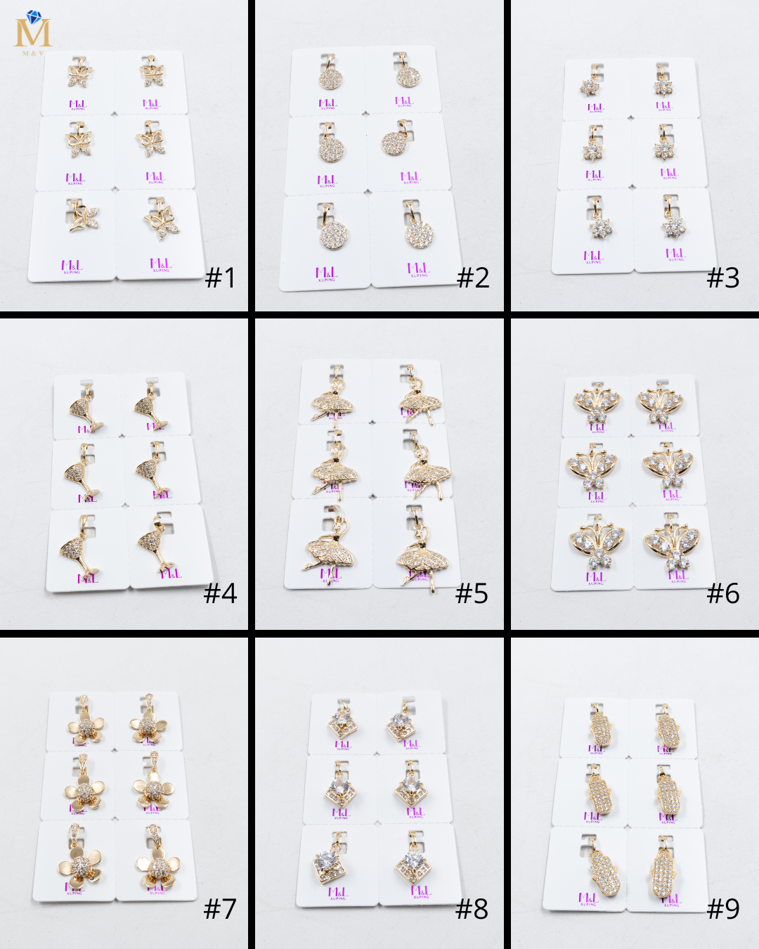 Paquete de 6 dijes con Piedras Oro Rosado  M4 Oro Laminado