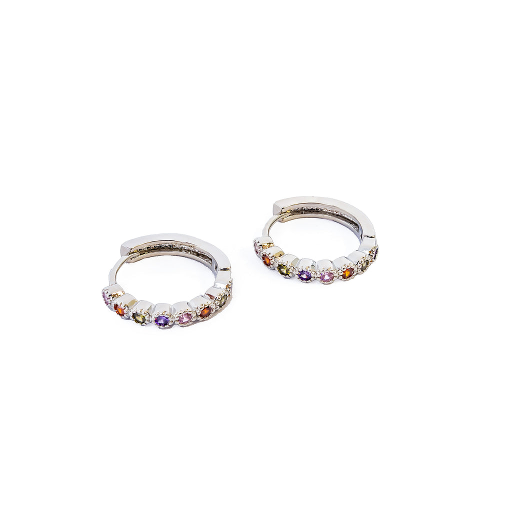 Aretes Plateados Huggies con Piedras Multicolor M7 Oro Laminado