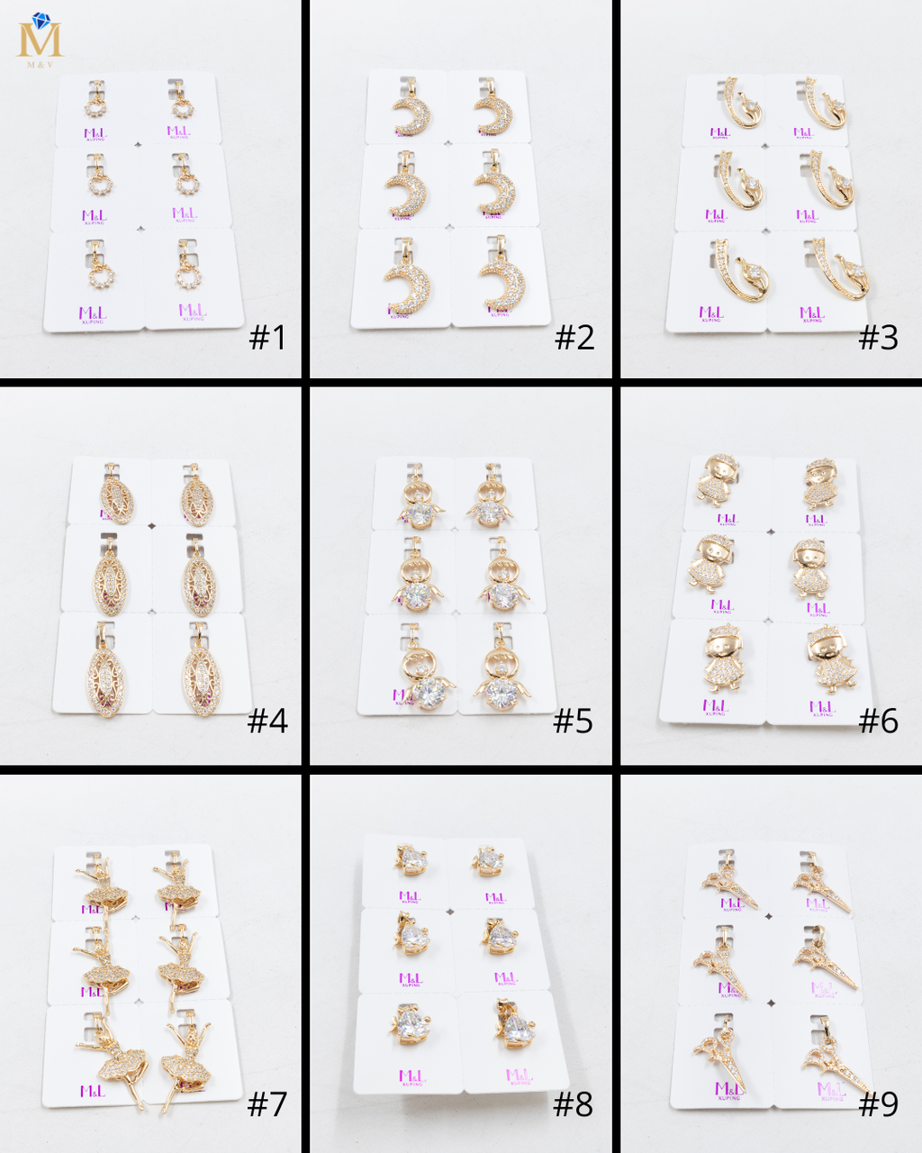 Paquete de 6 dijes con Piedras Oro Rosado  M6 Oro Laminado
