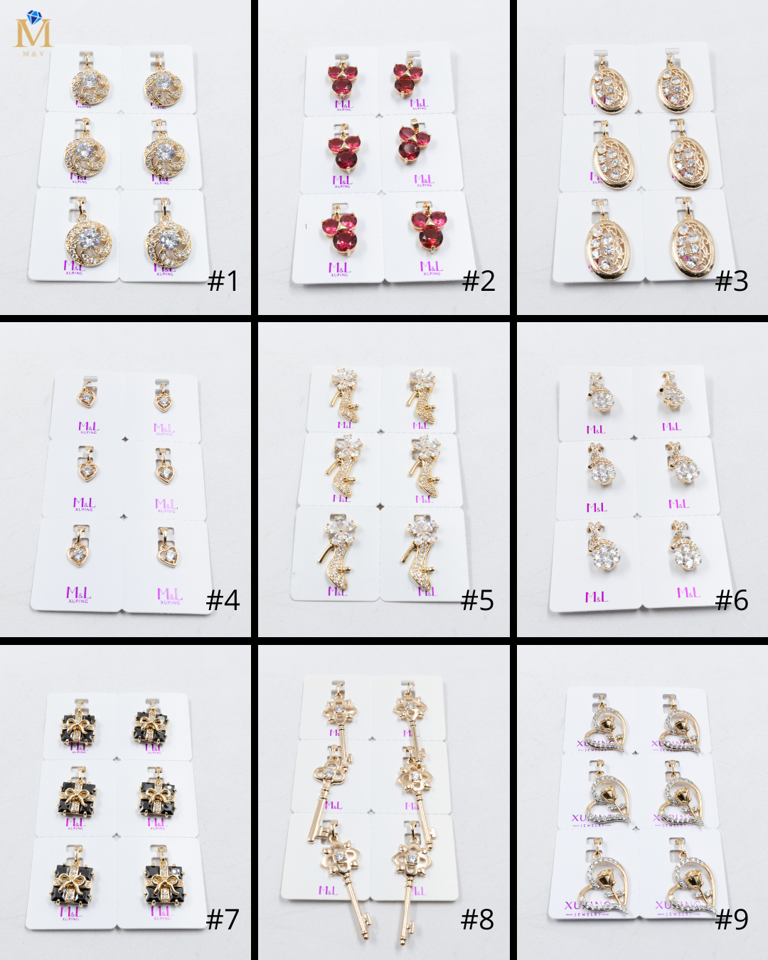 Paquete de 6 dijes con Piedras Oro Rosado  M1 Oro Laminado