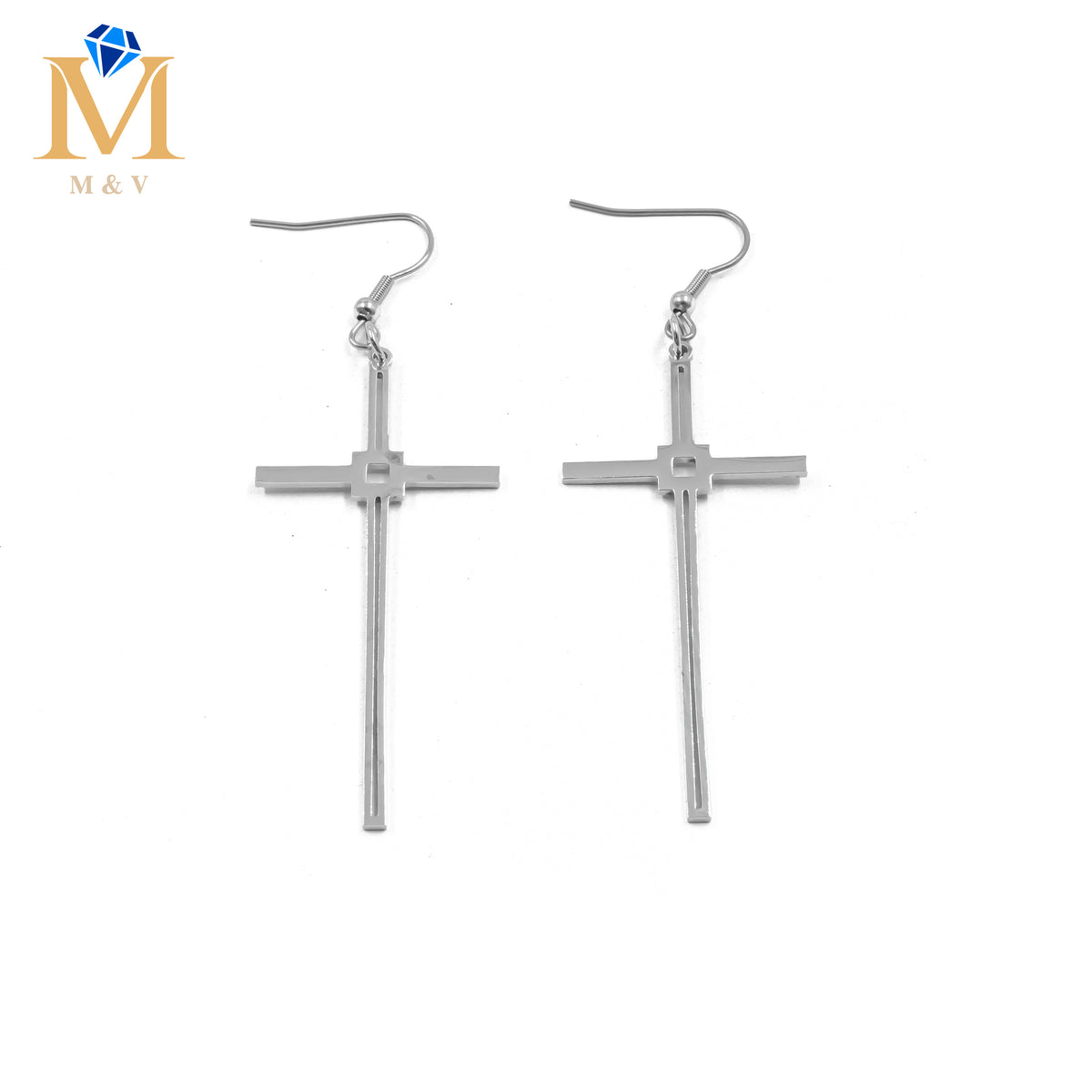 Aretes Plateados de cruz M3 Acero Inoxidable