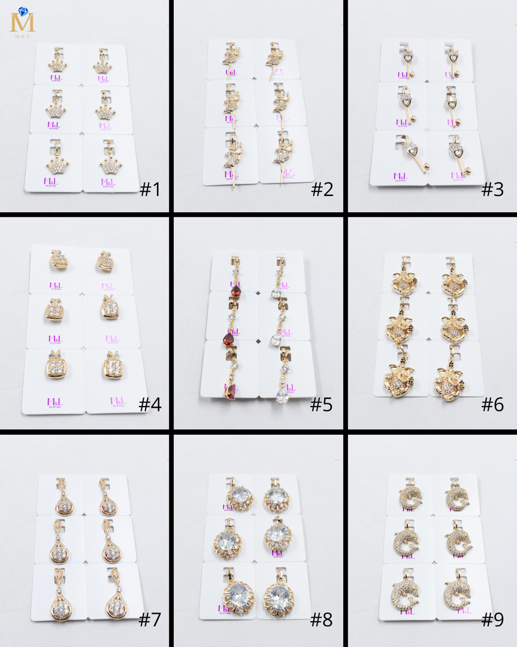 Paquete de 6 dijes con Piedras Oro Rosado  M3 Oro Laminado