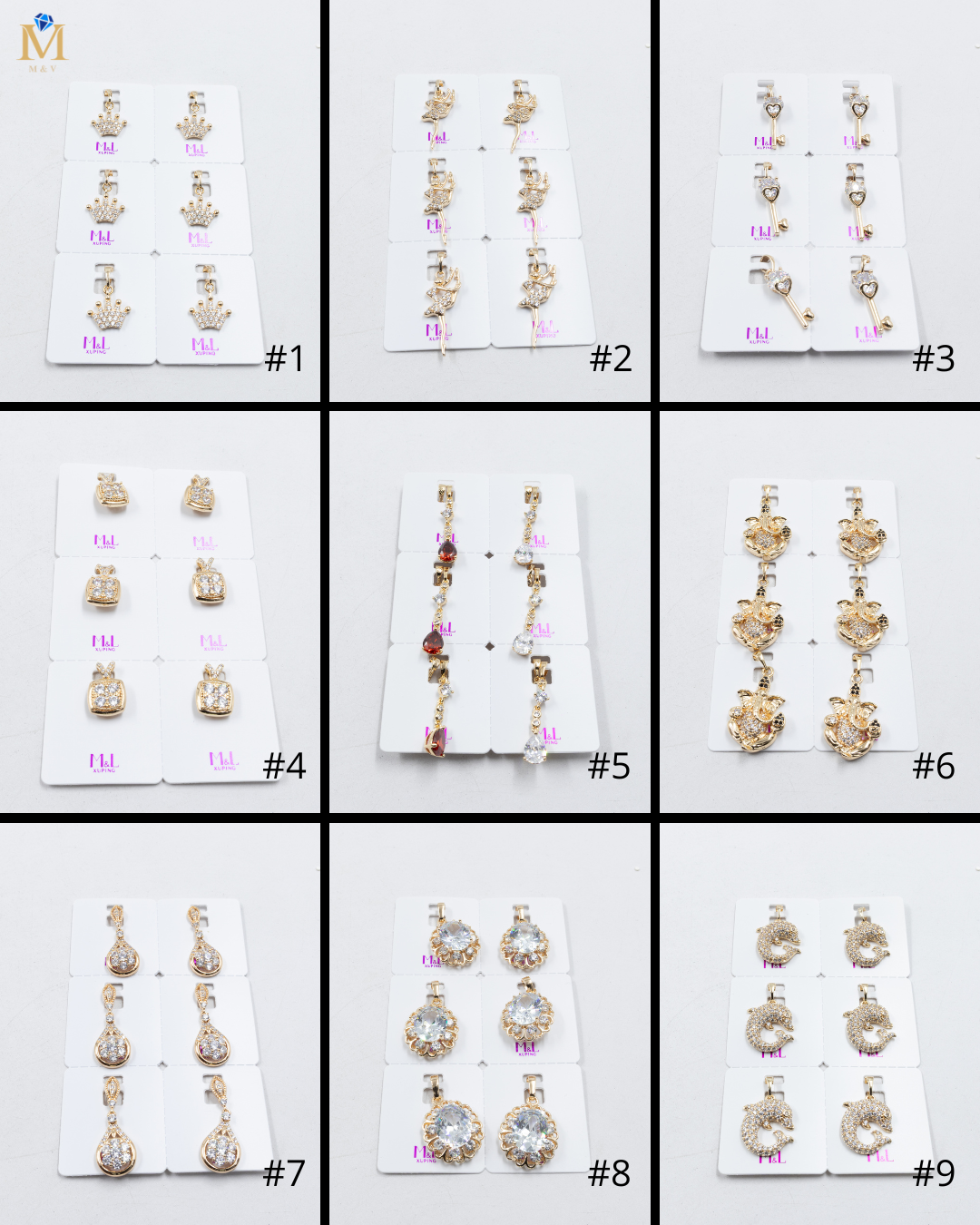 Paquete de 6 dijes con Piedras Oro Rosado  M3 Oro Laminado