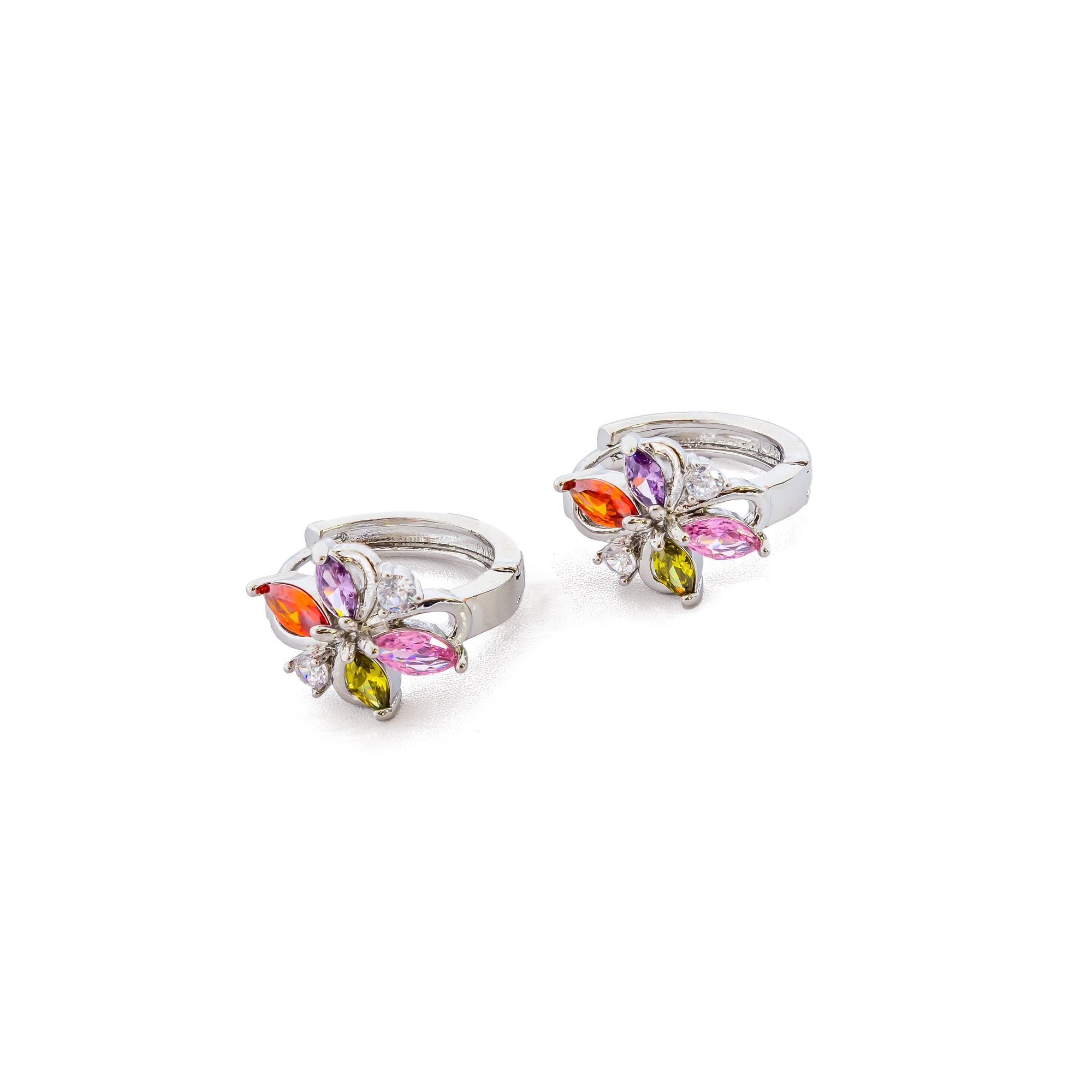 Aretes Plateados Huggies con Piedras Multicolor M8 Oro Laminado