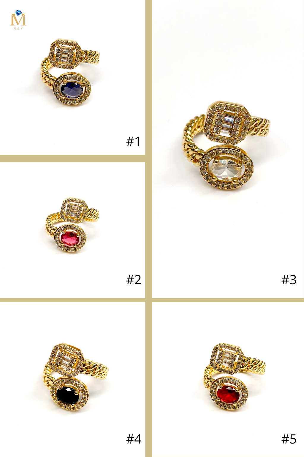 Anillo Dorado Piedra de Colores Ajustable Oro Laminado