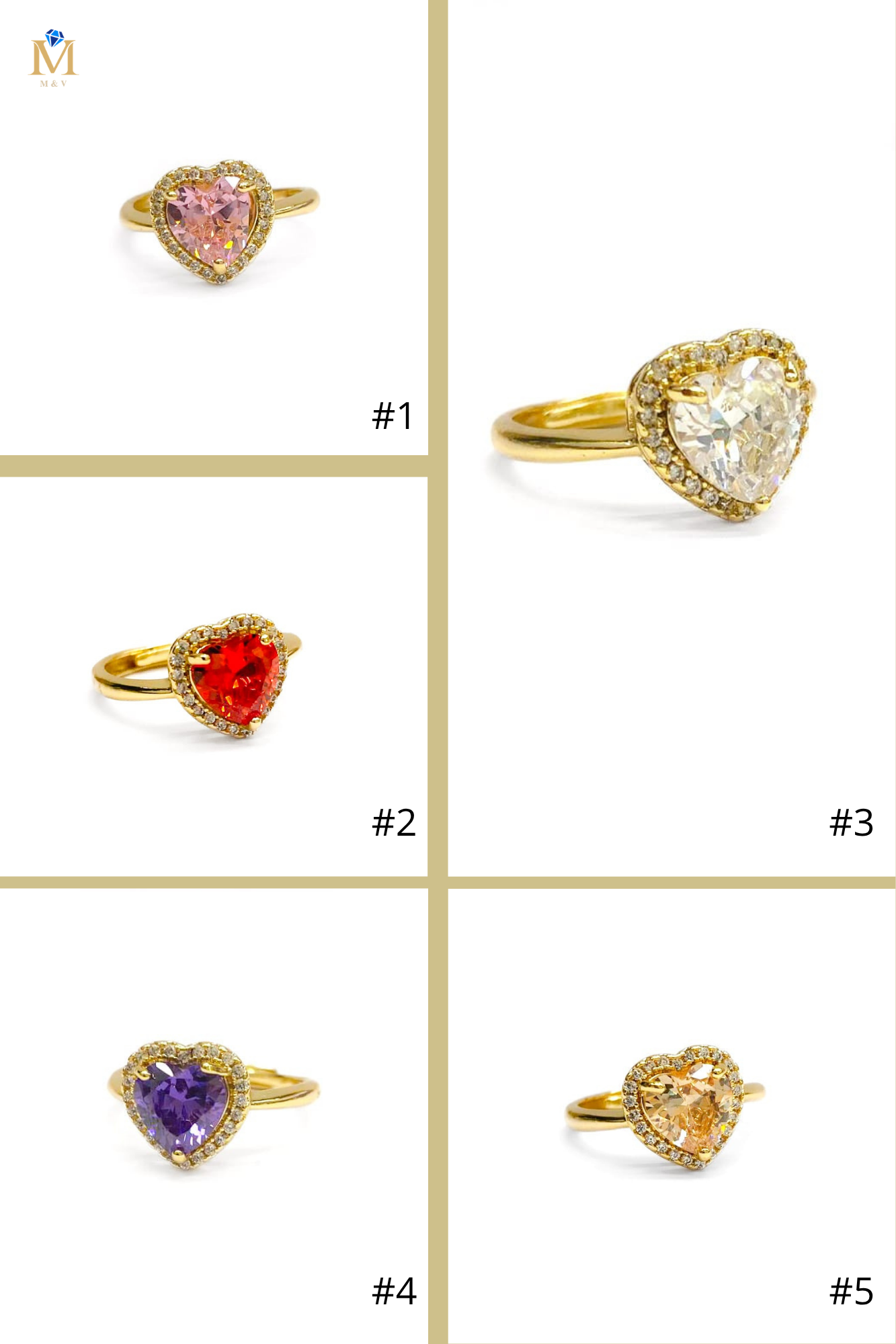 Anillo Dorado Piedra de Colores Ajustable Corazon M4 Oro Laminado